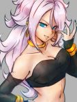  1girl android_21 bare_shoulders blue_eyes breasts choker cleavage collarbone detached_sleeves dragon_ball dragon_ball_fighterz earrings grey_background hoop_earrings jewelry kemachiku long_hair looking_at_viewer majin_android_21 medium_breasts navel pink_hair simple_background smile solo white_hair 