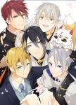  5boys absurdres aqua_eyes arm_around_neck black_gloves black_hair blonde_hair blue_eyes coma_(macaron) fox gloves grey_eyes headband highres japanese_clothes kiwame_(touken_ranbu) konnosuke male_focus mikazuki_munechika multiple_boys necktie ookanehira_(touken_ranbu) open_mouth petals red_hair sayagata smile touken_ranbu tsurumaru_kuninaga upper_body white_hair yamanbagiri_chougi yamanbagiri_kunihiro yellow_eyes 