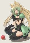  1girl ahoge animal_ears atalanta_(fate) bangs blonde_hair blush braid breasts cat_ears cat_tail commentary_request eyebrows_visible_through_hair fate/apocrypha fate_(series) gloves gradient_hair green_eyes green_hair hair_between_eyes long_hair looking_at_viewer multicolored_hair nahu open_mouth simple_background solo tail thighhighs two-tone_hair very_long_hair 