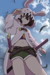  1girl adjusting_hood animal_hood belt black_hair bunny_hood carrot_necklace cloud cloudy_sky cowboy_shot crop_top cutoffs from_below fur-trimmed_jacket fur_trim green_shorts grin highres hood hooded_jacket inaba_tewi jacket long_sleeves looking_at_viewer looking_down midriff multiple_belts navel nurupo_(abooon) open_clothes open_jacket pink_jacket red_eyes shorts sky slit_pupils smile solo standing sword touhou weapon 