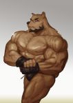  2018 abs absurd_res anthro beard biceps big_muscles brown_body brown_fur brown_hair brown_nose bulge clothed clothing facial_hair fingerless_gloves flexing fur gloves hair handwear hi_res huge_muscles male mammal muscular muscular_male nipples pecs quads simple_background solo standing topless traver009 triceps underwear underwear_only ursid veiny_muscles 