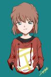  1girl aqua_eyes bangs blue_background brown_hair closed_mouth cropped_torso daylight919 eyebrows_visible_through_hair haibara_ai hair_between_eyes hands_in_pocket highres looking_at_viewer meitantei_conan red_sweater short_hair signature simple_background smile solo sweater 