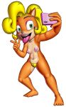  2020 absurd_res activision anthro bandicoot black_nose blonde_hair breasts cellphone coco_bandicoot crash_bandicoot_(series) eternaldahaka female fur genitals green_eyes hair hi_res holding_object mammal marsupial nipples nude phone pubes pussy selfie simple_background smile solo video_games 