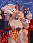  anthro big_breasts boon_digges bow_tie breasts bunny_ears_(disambiguation) casino chest_tuft cleavage clothed clothing cuffs_(disambiguation) food gynomorph hi_res hyaenid intersex looking_at_viewer mammal nightargen one-piece_swimsuit pizza slot_machines solo spotted_hyena swimwear text tuft 