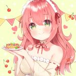  1girl aizawa85 bangs bare_shoulders blush cherry collarbone commentary_request dress eyebrows_visible_through_hair food fruit green_eyes heart holding holding_plate maid maid_headdress original pink_hair pink_ribbon plate ribbon smile solo 