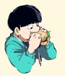  1boy aqua_hoodie black_eyes black_hair blue_hoodie bowl_cut casual cecil cropped_torso drawstring eating food food_in_mouth food_on_face from_side hamburger hands_up holding holding_food hood hood_down hoodie jitome kageyama_shigeo lettuce long_sleeves looking_down male_focus md5_mismatch mob_psycho_100 resized simple_background solo upper_body upscaled yellow_background 