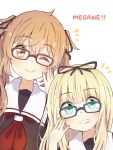  2girls bangs bespectacled blonde_hair blunt_bangs blush eyebrows_visible_through_hair glasses green_eyes grin hair_between_eyes hair_ribbon kantai_collection light_brown_hair long_hair multiple_girls murasame_(kantai_collection) nail_polish neckerchief one_eye_closed red_neckwear ren_kun ribbon sailor_collar school_uniform serafuku simple_background smile twintails upper_body white_background yuudachi_(kantai_collection) 