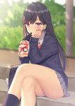  1girl bag bangs black_hair black_legwear black_sweater blurry blurry_background blush collared_shirt commentary_request crossed_legs cup depth_of_field disposable_cup drinking_straw ear_piercing earrings eyebrows_visible_through_hair grey_skirt highres holding holding_cup izumo_neru jewelry long_hair long_sleeves looking_at_viewer nail_polish original piercing pleated_skirt purple_eyes purple_nails ring school_bag school_uniform shirt sitting sitting_on_stairs skirt sleeves_past_wrists socks solo stairs stone_stairs stud_earrings sweater very_long_hair white_shirt 