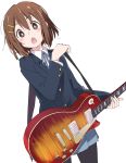  1girl black_legwear blue_neckwear blue_ribbon blue_skirt blush brown_eyes brown_hair electric_guitar eyebrows_visible_through_hair guitar hair_between_eyes hair_ornament hairclip hirasawa_yui instrument ixy k-on! les_paul long_sleeves looking_at_viewer open_mouth pantyhose ribbon sakuragaoka_high_school_uniform school_uniform short_hair simple_background skirt solo white_background 