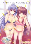  2020 2girls :d ahoge bangs bikini blue_bikini blue_hair breasts brown_hair cleavage closed_mouth collarbone copyright_name eyebrows_visible_through_hair floating_hair frilled_bikini frills hair_between_eyes hair_intakes hand_on_another&#039;s_hip happy_new_year highres long_hair looking_at_viewer medium_breasts multiple_girls navel new_year open_mouth petals pink_bikini pointy_ears red_eyes shiny shiny_hair shuffle! smile standing swimsuit thighhighs very_long_hair white_legwear 
