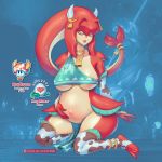 1:1 animal_humanoid belly big_belly big_breasts breasts breath_of_the_wild clothing cowbell feet female horn horned_humanoid humanoid legwear looking_at_viewer marine marine_humanoid mipha nintendo pregnant solo supersatanson text the_legend_of_zelda thigh_highs toes under_boob video_games zora 