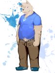  2011 anthro belly bottomwear canid canine canis clothing domestic_dog humanoid_hands kemono launcher_r male mammal overweight overweight_male pants shirt solo topwear 