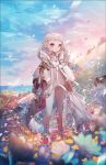  character_name copyright_name day flower full_body grass mumu_(pixiv_fantasia_age_of_starlight) outdoors pixiv_fantasia_age_of_starlight purple_eyes standing symbol-shaped_pupils tail white_hair white_legwear yua_(tick-tack) 