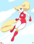  animaniacs anthro blonde_hair boots cleavage_cut-out clothing cloud female flying footwear fur furboz gloves hair handwear leotard looking_at_viewer mammal minerva_mink mink mustelid musteline pink_nose sky solo warner_brothers white_body white_fur 