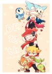  1girl 2boys :d arms_up bangs barry_(pokemon) beanie black_hair blonde_hair blue_hair blush border chimchar closed_eyes commentary_request dawn_(pokemon) flying_sweatdrops hair_ornament hairclip hat heart highres long_hair lucas_(pokemon) misha_(ohds101) multiple_boys on_head open_mouth pachirisu piplup poke_ball poke_ball_(basic) pokemon pokemon_(creature) pokemon_(game) pokemon_dppt pokemon_on_head scarf shirt short_hair short_sleeves skirt sleeveless sleeveless_shirt smile star_(symbol) sweatdrop teeth tongue turtwig upper_teeth white_border white_headwear 