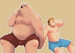  2011 anthro belly blush bottomwear bulge clothing duo eyes_closed humanoid_hands kemono launcher_r male male/male mammal moobs overweight overweight_male shorts simple_background sitting ursid 