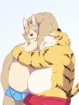  2011 anthro belly blush bulge butt canid canine clothing duo felid hug humanoid_hands kemono launcher_r licking male male/male mammal overweight overweight_male pantherine simple_background tiger tongue tongue_out underwear 