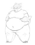  anthro belly big_belly blush bodily_fluids canid canine chubby_cheeks clothed clothing eyewear flying_sweatdrops fox fur glasses greyscale hair male mammal midriff monochrome moobs navel obese obese_male overweight overweight_male simple_background solo standing subakitsu sweat sweatdrop thick_thighs tight_clothing white_background 