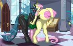  absurd_res anthro anthro_on_anthro arthropod badgerben bent_over big_breasts big_butt breast_grab breasts butt changeling color_edit colored edit equid equine evan555alpha female female/female fluttershy_(mlp) friendship_is_magic genitals grabbing_from_behind hand_on_breast hi_res huge_breasts hyper hyper_breasts mammal my_little_pony nude pussy queen_chrysalis_(mlp) 