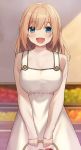  1girl apple bangs basket blue_eyes blush breasts brown_hair cccpo dress eyebrows_visible_through_hair food fruit highres holding holding_basket large_breasts long_hair looking_at_viewer open_mouth original smile solo 