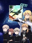  5girls aircraft airplane alternate_costume anchor_hair_ornament aqua_eyes bismarck_(kantai_collection) black_shirt blonde_hair blue_eyes brown_eyes cape cat commentary_request epaulettes galactic_empire_(gin&#039;eiden) ginga_eiyuu_densetsu graf_zeppelin_(kantai_collection) grey_eyes hair_ornament highres holding holding_cat kantai_collection long_hair long_sleeves low_twintails military military_uniform multiple_girls p1y_ginga parody prinz_eugen_(kantai_collection) red_hair shirt short_hair sidelocks silver_hair smile tsukemon twintails uniform unsinkable_sam white_cape z1_leberecht_maass_(kantai_collection) z3_max_schultz_(kantai_collection) 