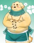  2020 anthro belly blush bulge canid canine canis clothing cu_sith_(tas) domestic_dog hi_res humanoid_hands male mammal moobs overweight overweight_male scarf solo tokyo_afterschool_summoners underwear video_games yaki_atsuage 