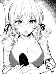  1girl absurdres blush bra breasts cleavage commentary ehoumaki food greyscale heart highres kantai_collection kihou_no_gotoku_dmc large_breasts makizushi monochrome open_clothes open_mouth open_shirt prinz_eugen_(kantai_collection) sexually_suggestive speech_bubble spoken_heart sushi twintails underwear 