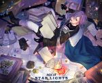  1boy :o bacopa bad_perspective black_gloves book_stack chair copyright_name cup gem gloves green_eyes indoors long_sleeves pig pixiv_fantasia_age_of_starlight purple_hair quill scroll sitting solo teacup teapot tile_floor tiles window 