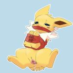  1:1 2020 3_toes blue_background blush bodily_fluids bound brown_eyes clitoris cloth_gag eeveelution fangs female feral fur gag genital_fluids genitals half-closed_eyes hi_res japanese_text jolteon narrowed_eyes nintendo pok&eacute;mon pok&eacute;mon_(species) pu_sukebe pussy pussy_juice quadruped simple_background solo tears text toes video_games white_body white_fur yellow_body yellow_fur 