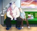  2020 anthro blush bottomwear canid canine clothing detailed_background duo eyes_closed fur giant_panda hoodie kemono launcher_r male mammal overweight overweight_male pants plushie shirt sitting topwear ursid white_body white_fur 