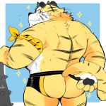  2020 anthro blush butt clothing cute_fangs felid humanoid_hands hyaku_(artist) kemono male mammal overweight overweight_male pantherine solo tiger underwear 