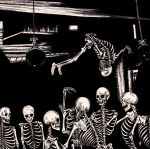  2019 5_fingers album_cover ambiguous_gender animated_skeleton bone cover dancing fingers gesture group hi_res middle_finger monochrome not_furry nude party simple_background skeleton undead 