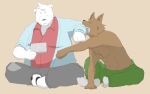  16:10 2010 anthro bottomwear brown_body brown_fur canid canine clothing duo eyes_closed fur kemono launcher_r male mammal muscular overweight overweight_male pants shirt simple_background sitting topwear ursid white_body white_fur 