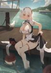  1girl :d absurdres animal azur_lane barefoot bird boat breasts choker cirilla cleavage covered_nipples hair_between_eyes harbor high_heels highres legwear_removed looking_at_viewer open_mouth outdoors red_eyes seagull shoes_removed short_hair sirius_(azur_lane) sitting smile solo teeth wading watercraft wet wet_clothes white_hair white_legwear 