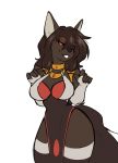  2019 absurd_res anthro armwear bangs big_breasts biped black_body black_fur black_hair black_nose black_sclera breasts canid cleavage clothed clothing curvy_figure dress elbow_gloves eyebrow_through_hair eyebrows eyeshadow facial_markings faizenek female finger_claws fingerless_gloves fluffy fluffy_tail fur gloves hair half-closed_eyes handwear head_markings hi_res hourglass_figure legwear makeup mammal markings narrowed_eyes neck_ring simple_background small_waist smile solo species_request standing thick_thighs thigh_highs translucent translucent_hair white_background wide_hips yellow_eyes 