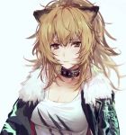  1girl animal_ears arknights bare_shoulders blush breasts cleavage collar collarbone csyko eyebrows_visible_through_hair fur-trimmed_jacket fur_trim jacket large_breasts leather leather_jacket lion_ears lion_girl looking_at_viewer siege_(arknights) solo studded_choker studded_collar tank_top white_tank_top 