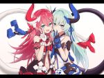 2girls :d :o arm_scrunchie armlet asymmetrical_horns bangle bangs belt blue_eyes blue_gloves blue_hair blue_neckwear blue_ribbon blush bow bracelet brown_panties center_opening commentary_request cowboy_shot deta-mxproject dress eyebrows_visible_through_hair fang flower gloves hair_intakes highres honkai_(series) honkai_impact_3rd horn_bow horn_ribbon intertwined_tails jewelry letterboxed liliya_olenyeva looking_at_viewer mechanical_horns mechanical_tail mismatched_gloves multiple_girls navel necktie open_clothes open_dress open_mouth panties pink_bow pink_hair red_flower red_rose ribbon ring rose rozaliya_olenyeva siblings sidelocks simple_background sisters sleeveless sleeveless_dress smile tail thick_eyebrows twins underwear v white_background white_gloves wristband 