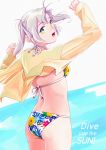  1girl antenna_hair ass bikini cowboy_shot dress_shirt english_text floral_print from_behind green_eyes grey_hair hair_tie highres kantai_collection kinugasa_(kantai_collection) looking_at_viewer looking_back ojipon shirt short_twintails smile solo standing swimsuit twintails two-tone_background yellow_shirt 