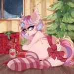  &lt;3 1:1 bell beverage butt butterbit christmas christmas_tree clothing equid female feral gift hi_res holidays horn hot_chocolate legwear licking licking_lips mammal marshmallow my_little_pony pink_body solo thigh_highs tongue tongue_out tree unicorn 