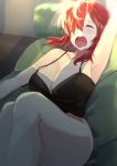  1girl arm_up armpits artist_name babydoll bare_legs blush bottomless breasts cleavage closed_eyes collarbone drooling hair_over_one_eye highres large_breasts medium_hair messy_hair open_mouth original red_hair sleeveless solo spaghetti_strap thighs wooden_floor yamabuki0 