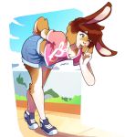  2020 anthro bottomwear brown_body brown_fur brown_hair clothing connie_(character) crop_top female fingers fur green_eyes hair hotpants invalid_tag lagomorph leporid luxarts mammal one_eye_closed rabbit shirt shorts tongue topwear wink 