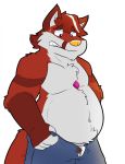  2020 anthro belly bottomwear canid canine clothing fox fur hi_res male mammal moobs overweight overweight_male pants red_body red_fur simple_background solo thepandobo underwear white_background 