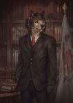  2020 5_fingers anthro brown_eyes canid canine canis clothed clothing conditional_dnp digital_media_(artwork) eyebrows eyelashes fingers hi_res latex_(artist) male mammal solo standing suit wolf 