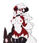  2019 absurd_res anthro bare_shoulders big_breasts biped black_clothing black_highlights black_legwear black_lips bracelet breasts canid canine cheek_tuft chest_tuft clothing collar curvy_figure dipstick_ears ear_piercing ear_ring elbow_glove facial_tuft faizenek fangs female floppy_ears fur genitals glistening glistening_clothing glistening_legwear gloves_(marking) hair hi_res highlights_(coloring) hourglass_figure jewelry legwear lips long_hair lycanroc mammal markings midnight_lycanroc mostly_nude multicolored_body multicolored_ears multicolored_fur nintendo nipples open_mouth piercing pink_nipples pok&eacute;mon pok&eacute;mon_(species) pussy red_body red_eyes red_fur red_sclera simple_background snuke solo standing teeth thick_thighs thigh_highs tuft two_tone_body two_tone_fur video_games wavy_hair white_background white_body white_fur white_hair wide_hips 