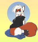  2019 absurd_res anthro big_butt black_ears black_nose blue_eyes blush bottomless breasts butt canid canine clothed clothing dipstick_tail eyebrows faizenek female fluffy fluffy_tail fox fur hair hi_res hoodie legwear long_hair looking_at_viewer looking_back mammal multicolored_body multicolored_fur multicolored_tail orange_body orange_fur plantigrade raised_inner_eyebrows rear_view simple_background sitting small_breasts smile soles stockings thick_thighs topwear two_tone_body two_tone_fur white_body white_fur white_hair 