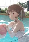  1girl :q ball bangs brown_eyes brown_hair choker earrings frilled_swimsuit frills heart highres idolmaster idolmaster_shiny_colors jewelry mxwbr nail_polish plant ponytail pool solo sonoda_chiyoko sweat swimsuit tongue tongue_out water 