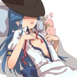  1girl areolae black_headwear blue_bow blue_hair blush body_blush bow breath collarbone covered_eyes drooling food frills from_side fruit full-face_blush hair_spread_out hands_up hat hat_over_eyes heavy_breathing hinanawi_tenshi large_areolae long_hair lying moaning neck_ribbon nipples on_back onomatopoeia open_clothes parted_lips peach pillow popped_collar puffy_short_sleeves puffy_sleeves red_neckwear red_ribbon ribbon self_fondle short_sleeves sidelocks solo teeth touhou upper_teeth urin white_background 