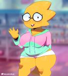  absurd_res alphys anthro belly big_breasts blurred_background blush bodily_fluids bottomwear breasts buckteeth chromatic_aberration chubby_female cleavage clothed clothing eyewear female freckles front_view gesture glasses hi_res hoodie hotpants inside looking_at_viewer minishorts navel nervous non-mammal_breasts open_mouth open_smile reptile scales scalie short_stack shorts slightly_chubby smile solo somescrub standing sweat sweatdrop sweatshirt teeth thick_tail thick_thighs tight_clothing tight_topwear topwear undertale video_games waving wide_hips yellow_body yellow_scales 