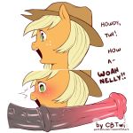  1:1 2020 animal_genitalia animal_penis applejack_(mlp) big_penis blonde_hair blush bodily_fluids clothing cold-blooded-twilight cowboy_hat dialogue digital_media_(artwork) disembodied_penis duo earth_pony english_text equid equine equine_penis erection female feral freckles friendship_is_magic genital_fluids genitals green_eyes hair hat headgear headwear hi_res horse male mammal my_little_pony open_mouth penis pony precum simple_background solo_focus tan_body teeth text 