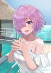  1girl bare_shoulders blue_sky blush breasts collarbone dress fate/grand_order fate_(series) fingers_together hair_over_one_eye highres jjeono large_breasts lavender_hair looking_at_viewer mash_kyrielight open_mouth purple_eyes short_hair sky smile solo white_dress 